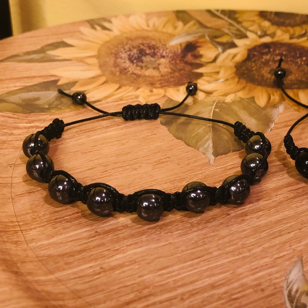 black beaded bracelet Hematite bracelet adjustable macramé handmade jewelry